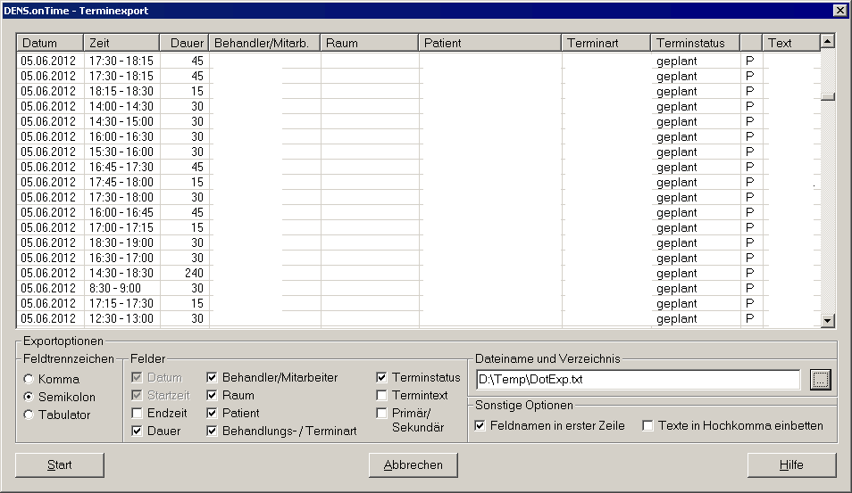 Dialog Export Terminliste
