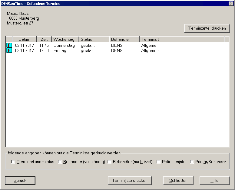 Dialog Gefundene Termine