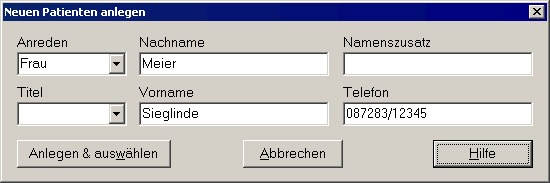 Dialog Patient schnell neu anlegen