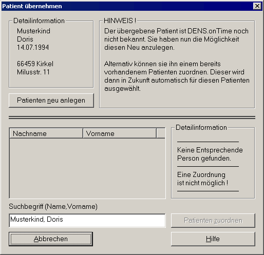 Dialog Patient übernehmen beim Aufruf aus DENSoffice