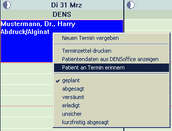 Kontextmenü Patient an Termin erinnern