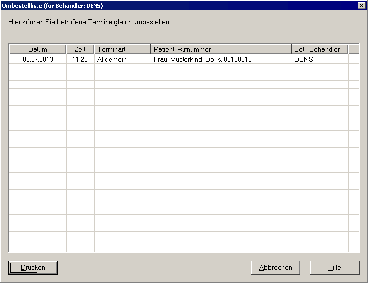 Dialog Umbestelliste