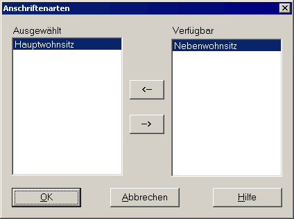 Dialog zur Auswahl von Anschriftenarten