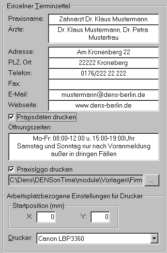 Einstellungen für Terminzettel mehrerer Termine