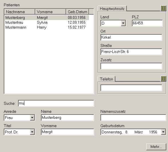 Patientenkatalog mit Suchfeld
