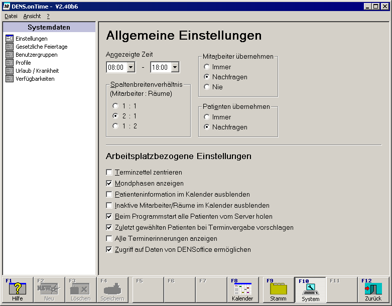 Systemdatenfenster mit Kategorien
