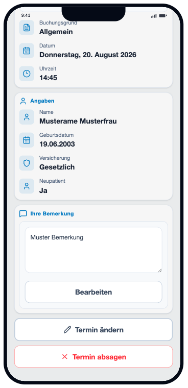 Bestätigter Termin mit Terminübersicht