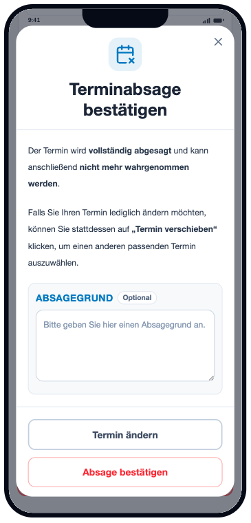 Dialog für Terminverschiebung oder Terminabsage mit optionalem Absagegrund