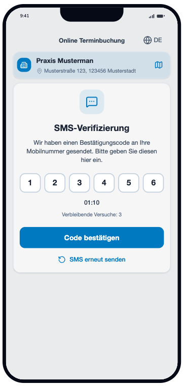 SMS-Verifizierung mit Eingabe des Bestätigungscodes