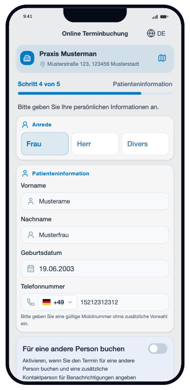 Patientendaten im Buchungs-Applet eingeben