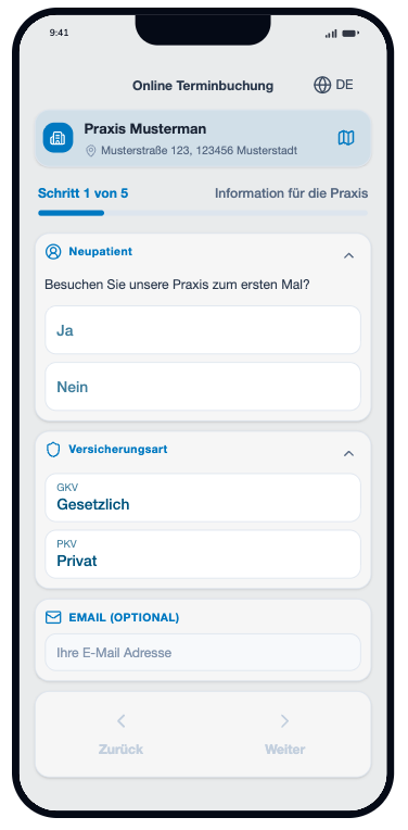 Erster Buchungsschritt mit Auswahl von Patiententyp und Versicherungsart