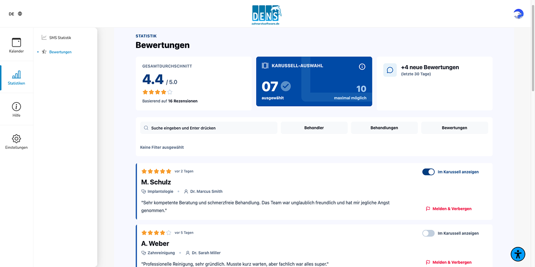 Bewertungsbereich mit Gesamtdurchschnitt, Karussell-Auswahl, neuen Bewertungen und Filtermöglichkeiten