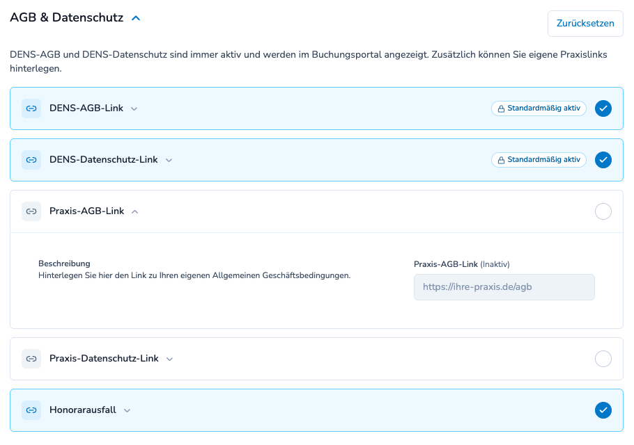 Konfiguration rechtlicher Links für AGB, Datenschutz und Stornogebühren