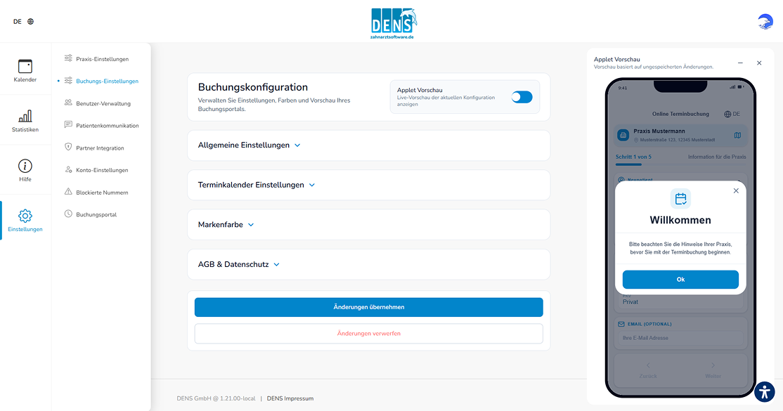 Buchungskonfiguration mit Applet-Vorschau