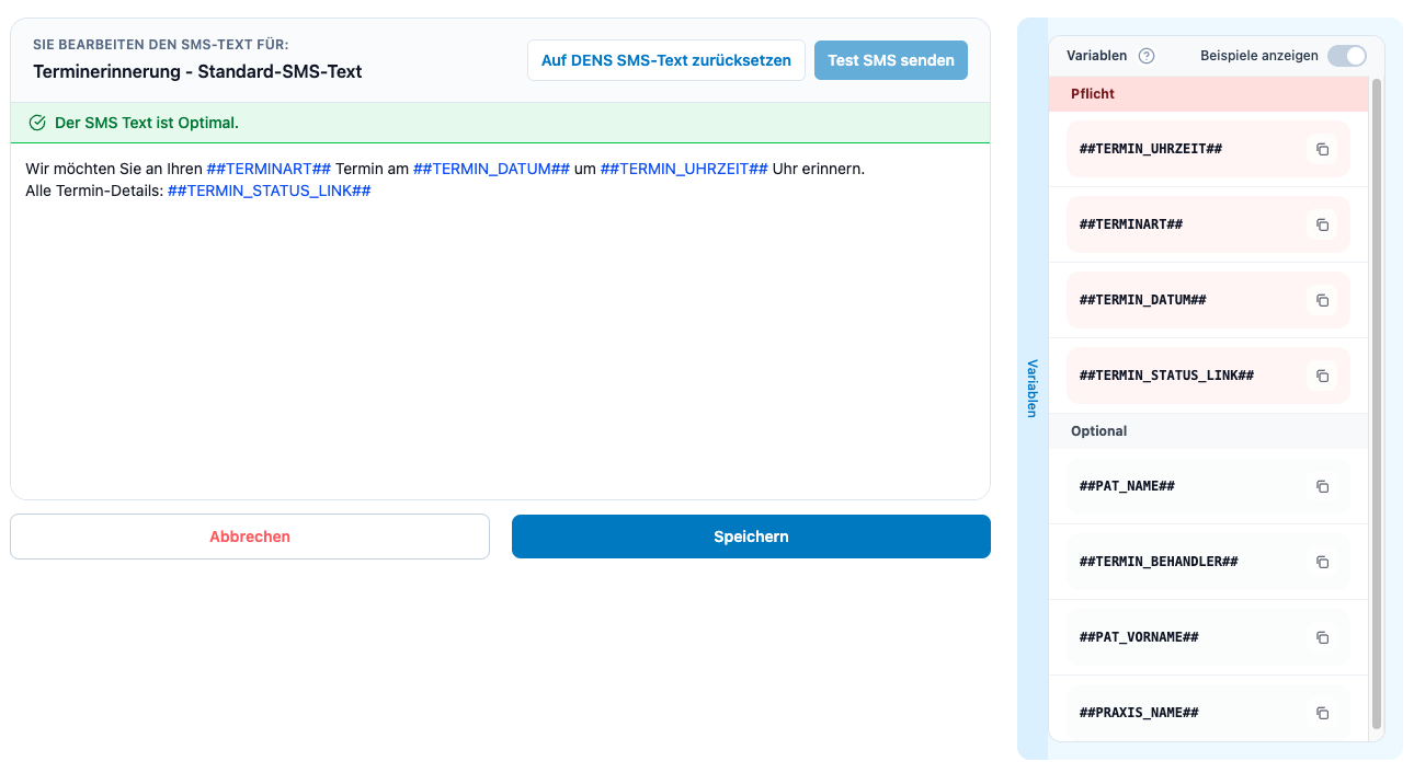 SMS-Vorlage mit erfolgreichem Status