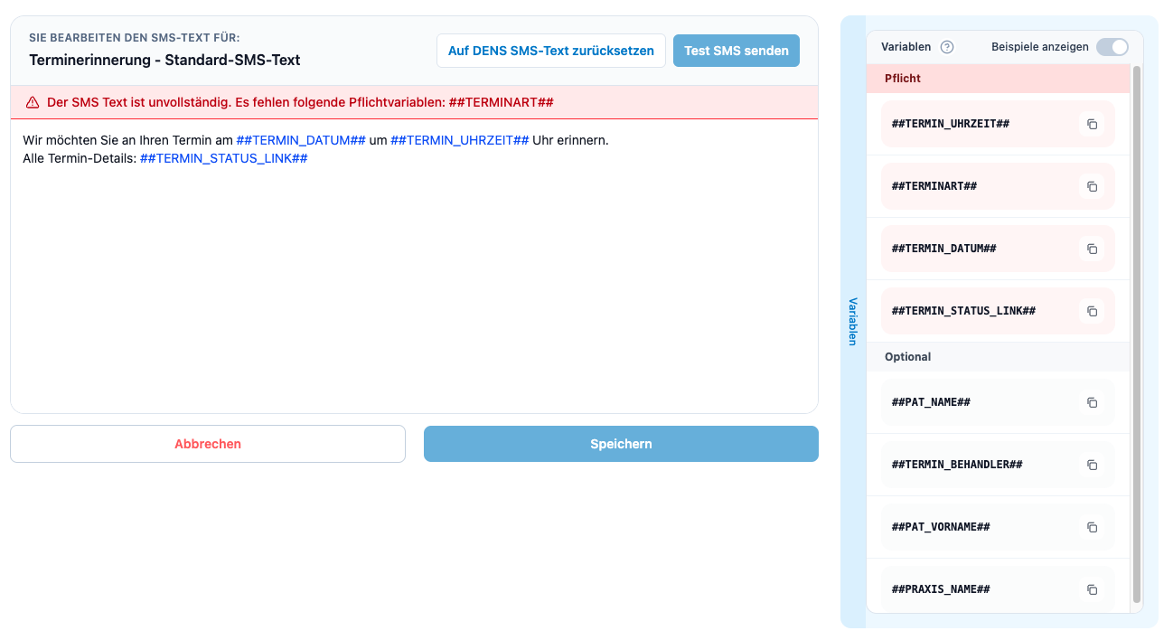 SMS-Vorlage mit Fehlerstatus