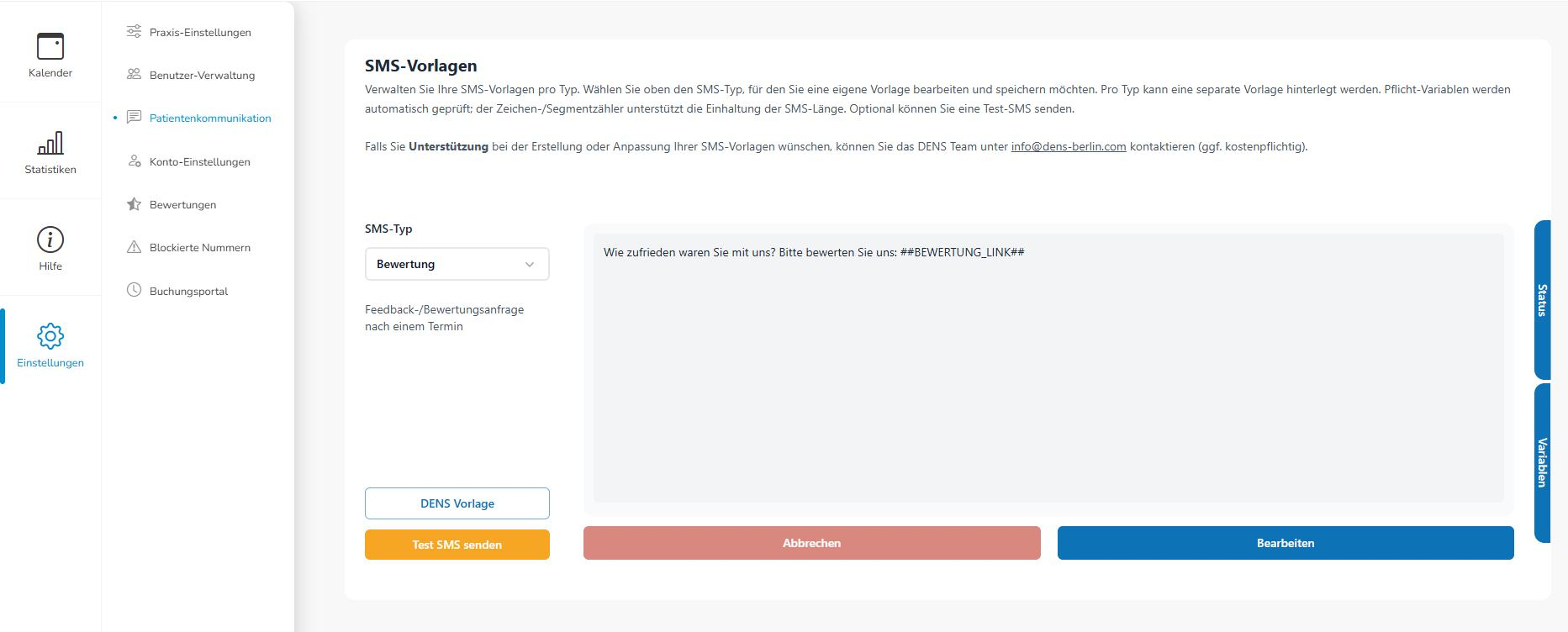 Neue SMS-Konfiguration unter Einstellungen und Patientenkommunikation