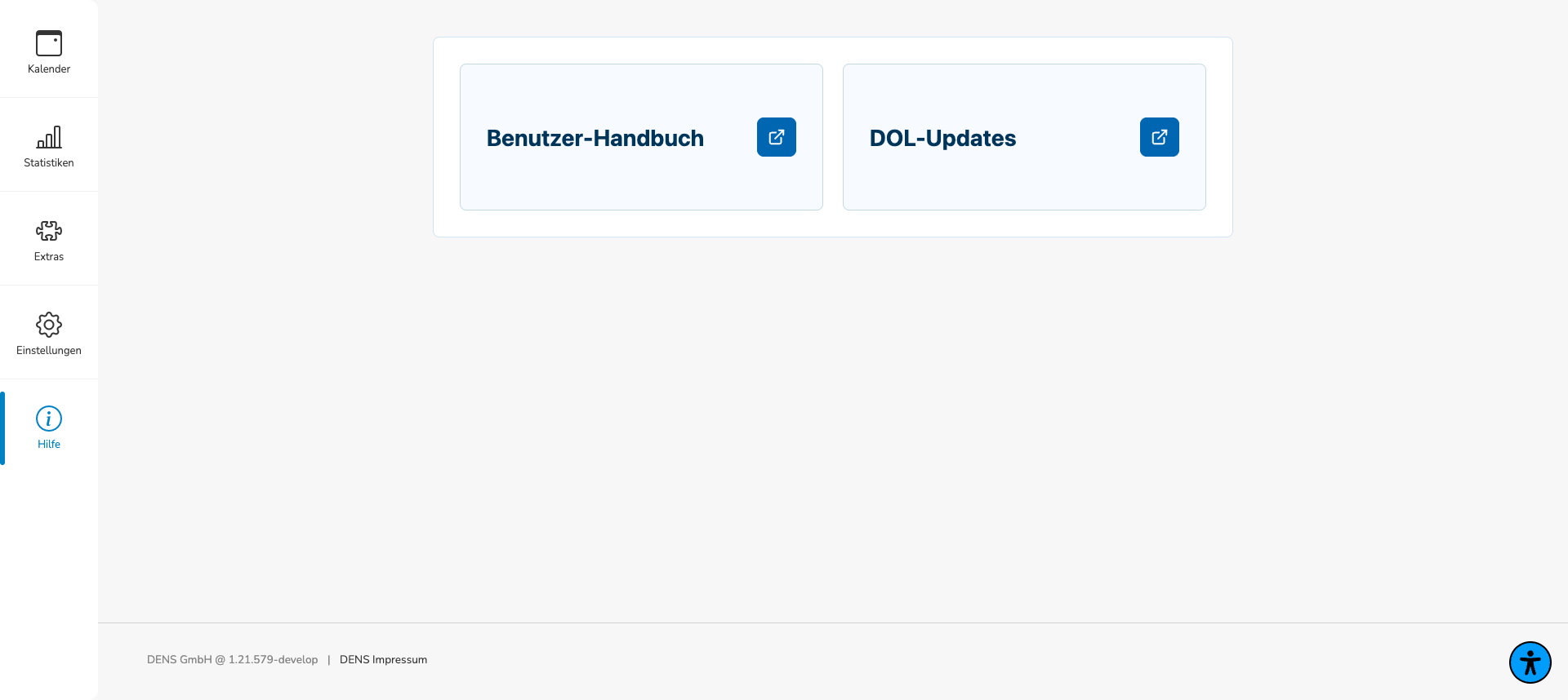 Hilfebereich mit Benutzer-Handbuch und DOL-Updates