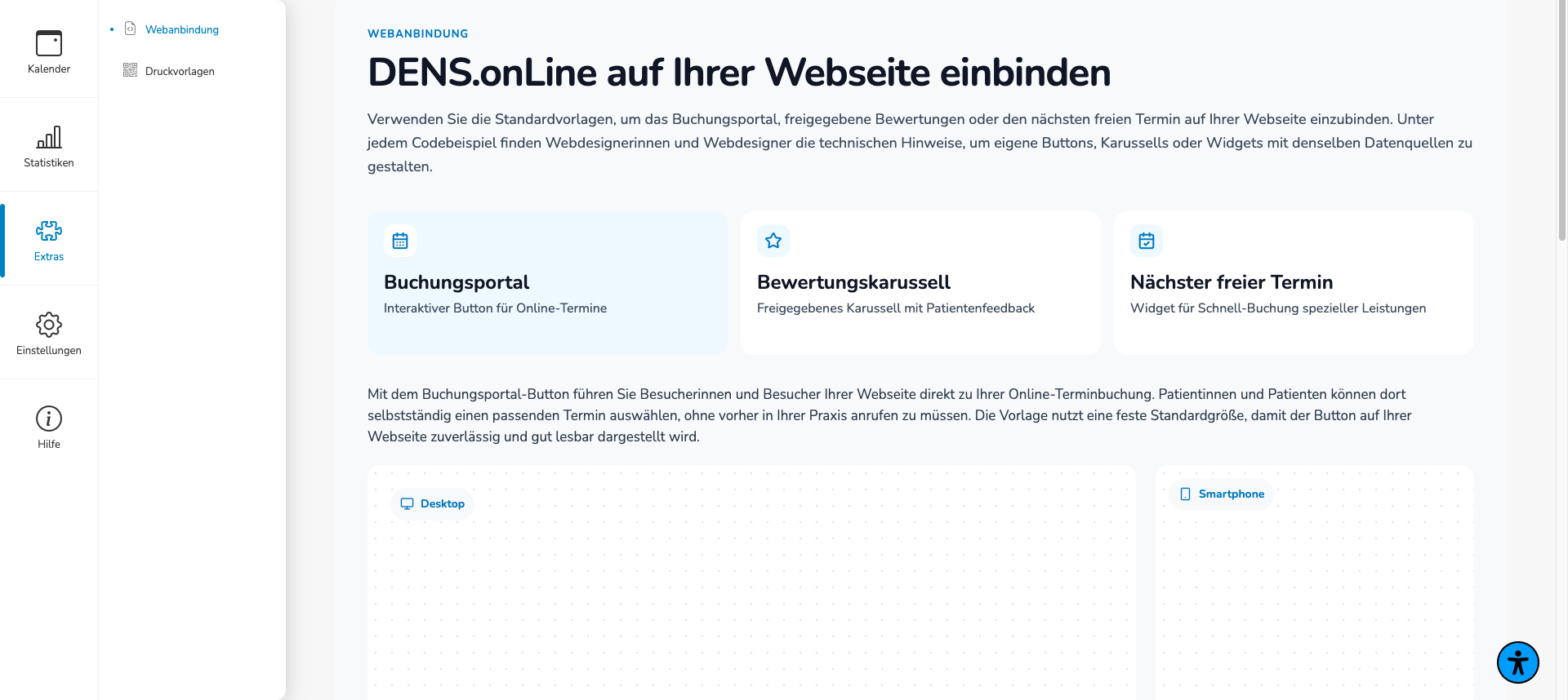 Webanbindung im Praxisadmin-Bereich Extras